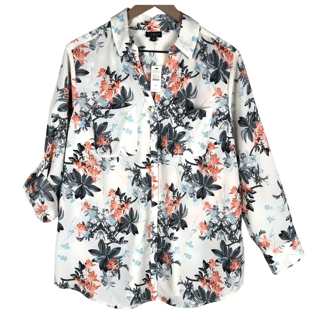 NWT TALBOTS Nantucket Top Plus Sz 1XP Petite Floral Print Roll Tab Cottage $99